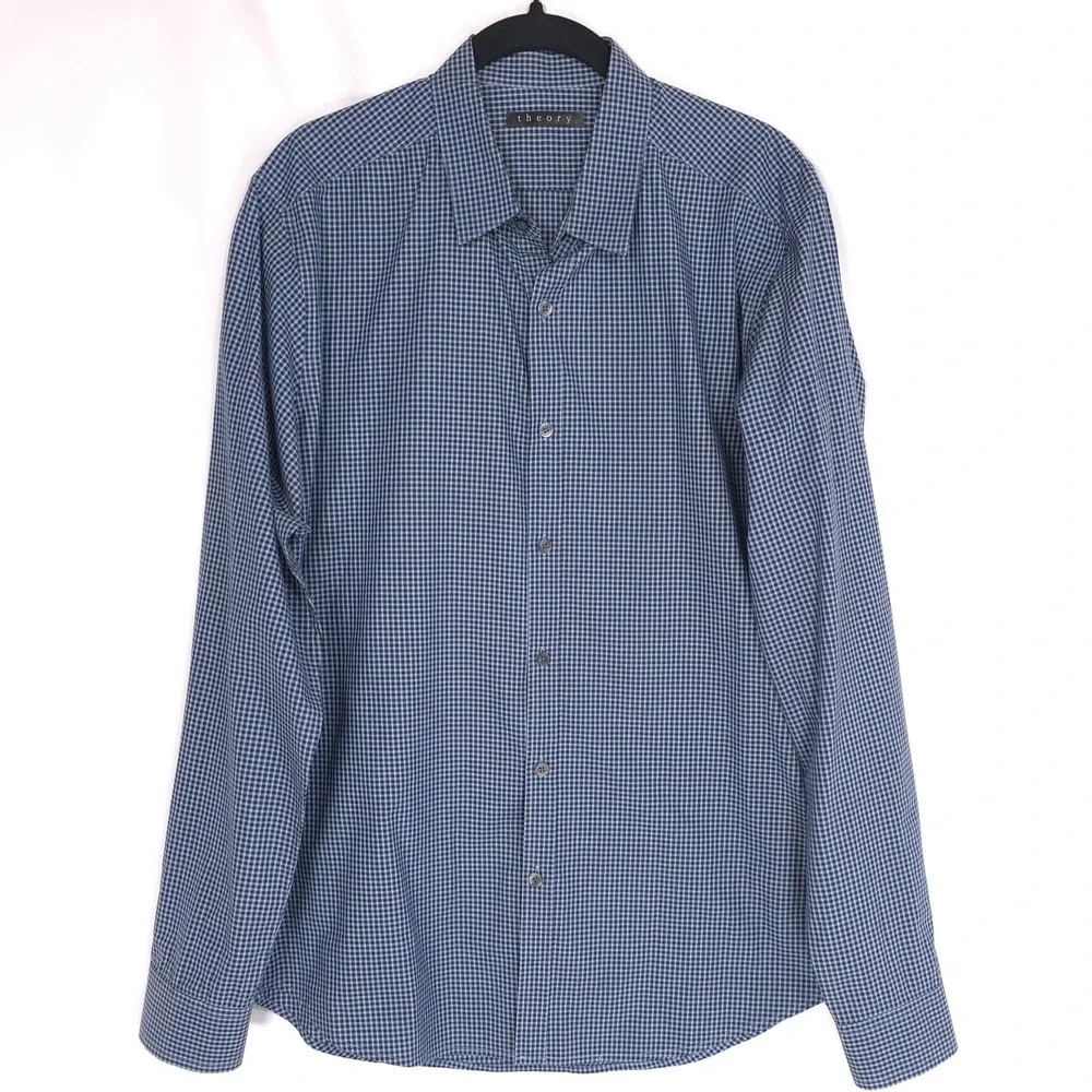 THEORY Men's Blue Micro Check‎ Dress Shirt Cotton Zack PS-Hilton Head LARGE
